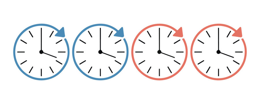 Time change icons. clocks with arrows showing daylight saving time. vector illustration.