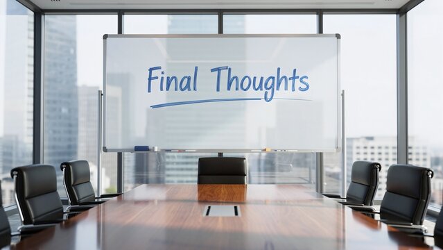 Modern conference room whiteboard displays 'Final Thoughts' message, ready for business meeting discussion, corporate strategy, and executive decision-making in a high-rise office with city views.
