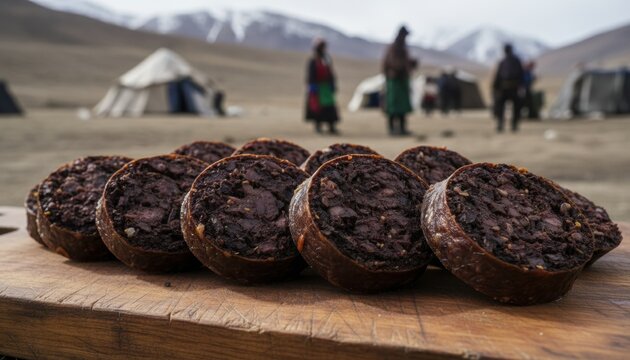 Slices of traditional blood sausage arranged on rustic wooden board with nomad tents in background of vast arid landscape during daytime