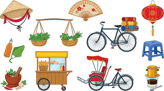 Vietnam culture and street food vector cartoon illustration set. Cyclo rickshaw, non la conical hat, wooden carrying pole baskets, banh mi food cart,blue plastic stool and isolated Asian travel icons.