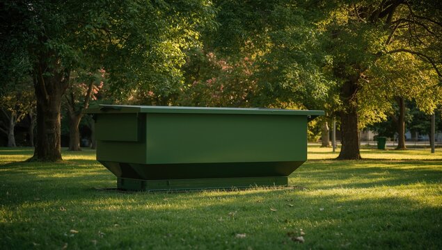 Oversized green metal skip positioned in a tree filled park highlighting responsible waste handling