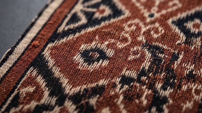Traditional Balinese Gringsing double ikat textile extreme close-up, rust red soga and black handwoven luxury fabric from Tenganan village, rare Indonesian heritage weaving craft