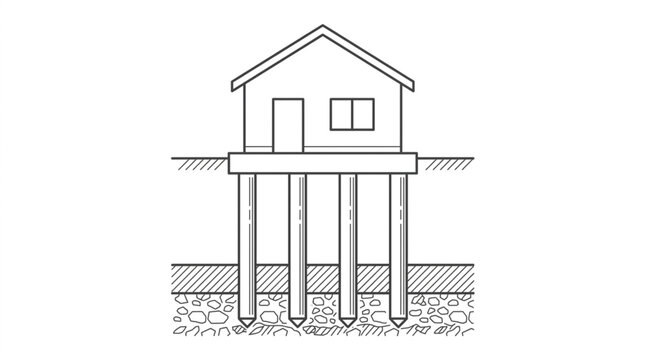 House Supported by Deep Pile Foundation Structural Schematic Vector Line Art