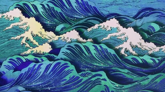 Art depicting waves in blue colors and dynamic shapes inspired by ocean movement and nature
