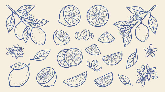 Detailed hand drawn botanical lemon illustration collection featuring fresh yellow citrus fruit slices organic green leaf fragrant blossom flower and rustic wooden branch elements on white background