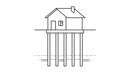 Obraz premium House on Deep Pile Foundation System - Structural Engineering Line Art