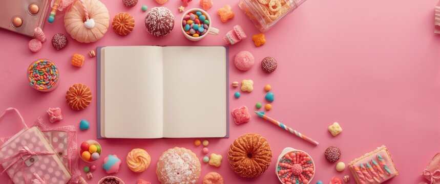 Colorful candies and an open notebook on a pink background
