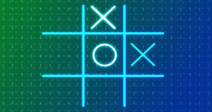 4K Neon Tic Tac Toe X-O game icon on a grid background for banners, business workflows, and digital backdrops.4K Glowing animated Tic Tac Toe Game Icon on a grid background.Easy to use in any video.
