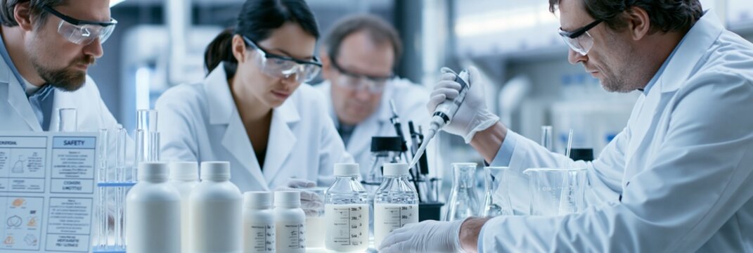Scientists in a quality-control lab examining infant formula samples, bottles, pipettes, and measurement tools beside safety charts, careful mood, crisp white lighting, organized composition.