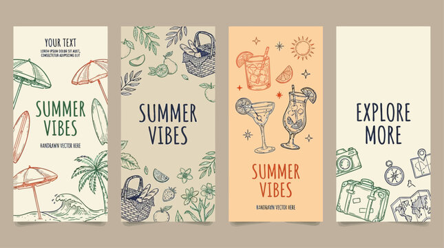 Artistic Set of Vertical Social Media Story Templates Featuring Hand Drawn Organic Elements and Vibrant Summer Aesthetic Design for Instagram Branding and Digital Marketing Content Creation