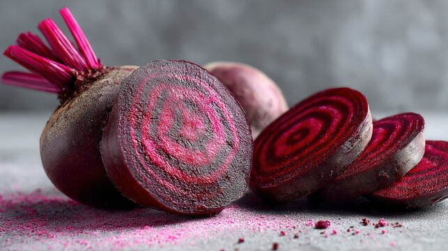 Fresh red beet slices with whole beetroot on a gray textured surface