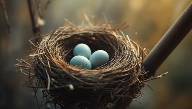 Synthetic intelligence artwork depicting a bird nest with freshly laid eggs