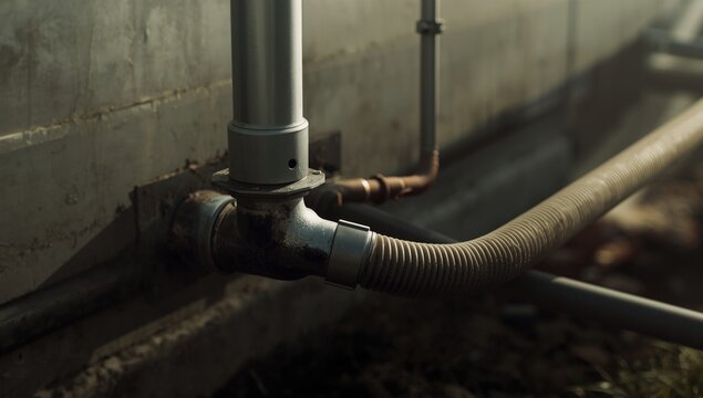 Metal pipes and fittings connected on a concrete surface
