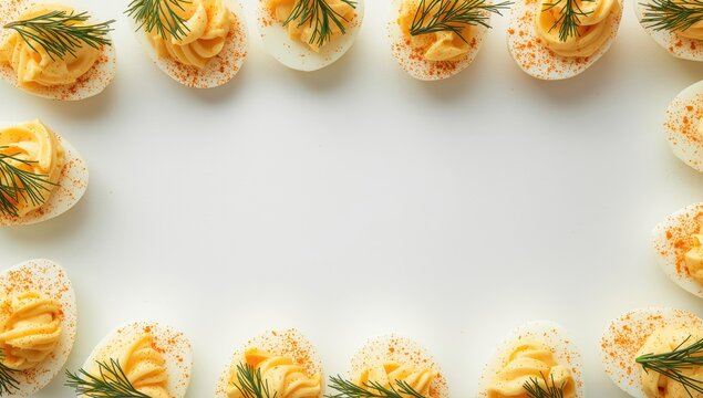 Perfect deviled eggs with a paprika dusting and dill accents