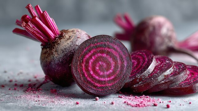 Fresh sliced and whole beetroots with internal rings and pink powder on grey stone surface