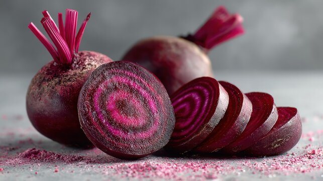 Fresh sliced red beetroots with vibrant concentric rings and whole root vegetables on a gray stone surface