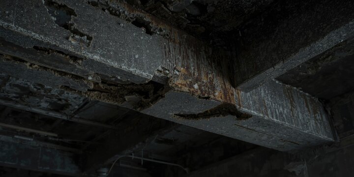 View of steel reinforcement corrosion and concrete spalling in a compromised structural beam