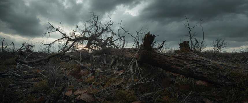 Severe weather impact with broken tree limbs and a toppled trunk