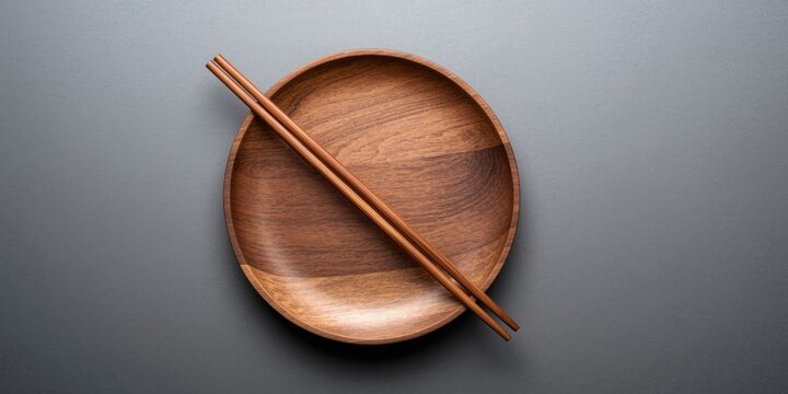 Wooden plate with chopsticks on a gray surface
