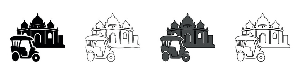 Iconic tuk-tuk vehicle parked near a grand historical building with domes © Ophelia