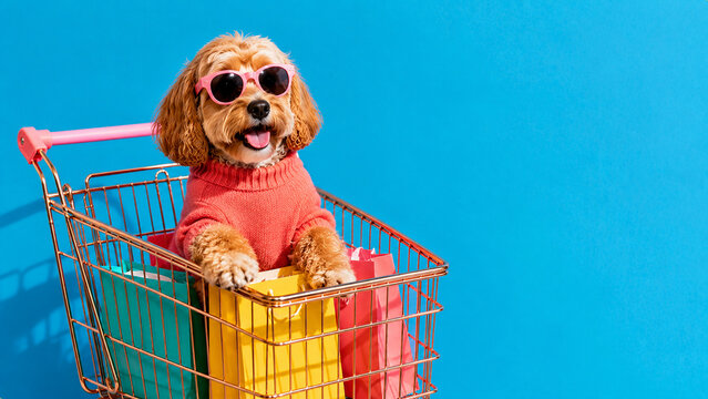 Happy dog riding in shopping cart with colorful shopping bags, surreal retail shopping concept