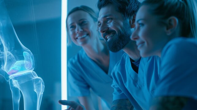 Orthopedic team studying a transparent knee scan with regenerated cartilage highlighted in blue, optimistic mood, cool clinical lighting, over-the-shoulder composition.