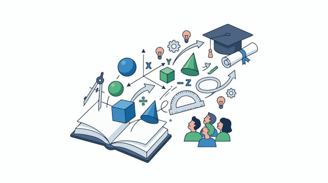 Illustration of people learning with an open book and educational symbols