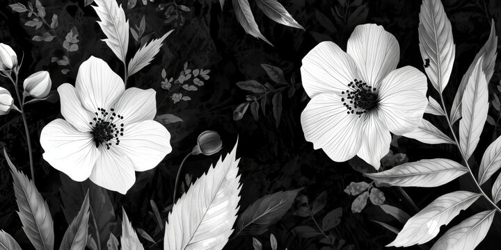 Minimalist black and white floral illustration showcasing leafy accents