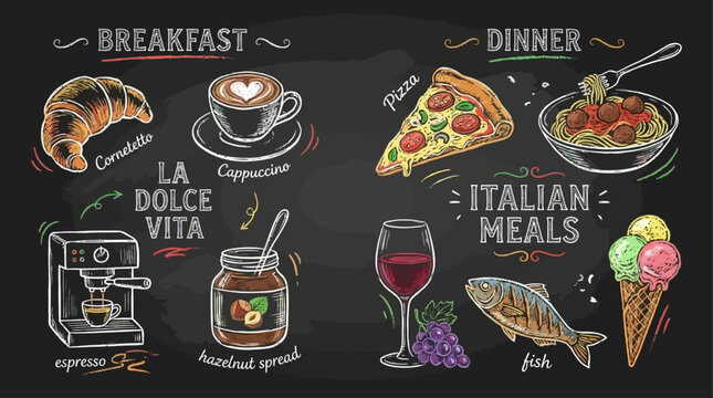 Whimsical Hand-Drawn Chalk Doodle of Authentic Italian Food Elements and Quirky Culinary Icon for Breakfast and Dinner Meal on Blackboard Background