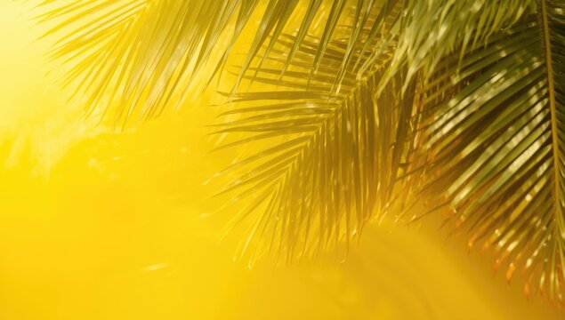 Yellow toned background with lush tropical palm fronds evoking summer mood