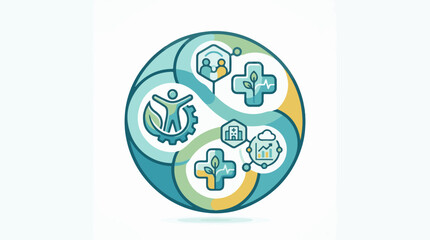A stylized globe with interconnected teal and yellow sections containing health growth and industrial icons © Fajar