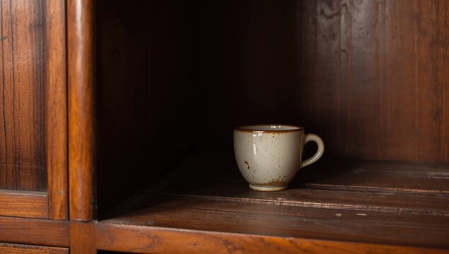 Soft focused large format print of Japanese lacquer shelving unit with antique Tobe ware mug