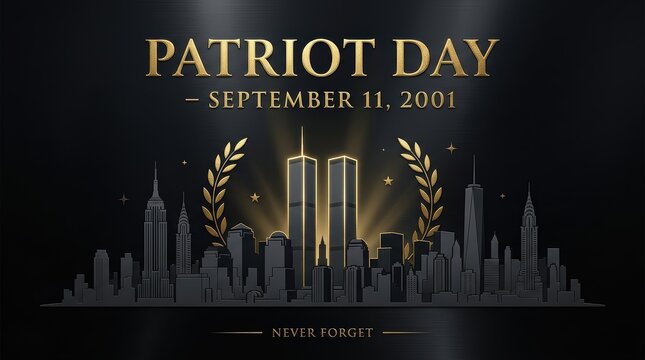 Luxury editorial poster design for 9/11 remembrance day, elegant gold foil lettering &ldquo;Patriot Day &ndash; September 11, 2001&rdquo;. Deep black background with reflective metallic texture.
