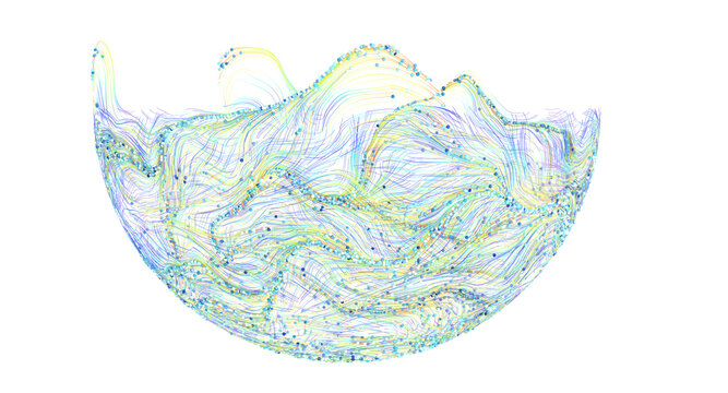Detailed abstract visualization of fluid dynamics, simulation data, colorful stream lines