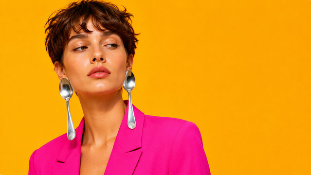 Fashion woman wearing spoon earrings, surreal luxury jewelry concept