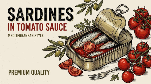 Vintage hand drawn vector illustration of an open tin of gourmet sardines in oil, retro canned fish packaging design with artistic sketch style, nostalgic seafood conserve delicacy