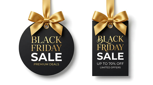 Golden sale tags with decorative ribbons