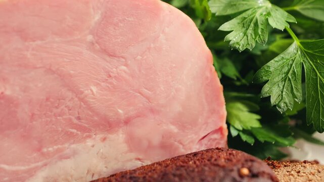 Farm ham with rye bread and parsley. Concept of healthy homemade breakfast. High quality 4k footage