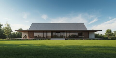 Obraz premium Modern residential building frontage with spacious lawn and clear sky perfect for promotional text