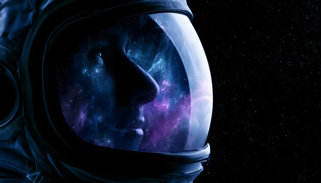 An astronaut gazes at a vibrant nebula reflected in their helmet visor.