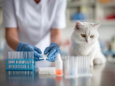 Preparing for a blood draw in a veterinary laboratory from a cat