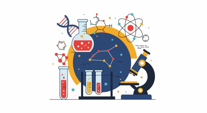 Scientific exploration with molecules DNA beakers and a microscope