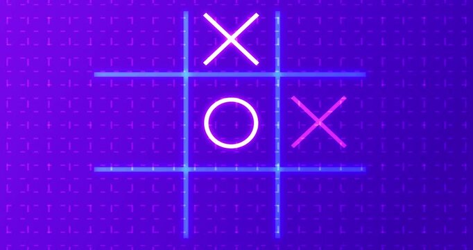 4K Neon Tic Tac Toe X-O game icon on a grid background for banners, business workflows, and digital backdrops.4K Glowing animated Tic Tac Toe Game Icon on a grid background.Easy to use in any video.