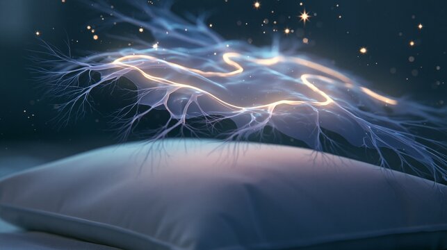 Nighttime brain network with luminous cleanup pathways moving through calm neural branches above a pillow, peaceful mood, gentle rim lighting, close-up composition, ethereal medical art with soft
