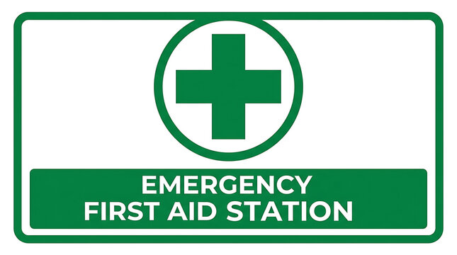 Green first aid station sign with cross
