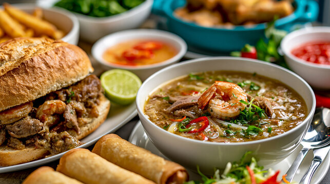 Delicious traditional asian noodle soup with shrimp and herbs served with spring rolls
