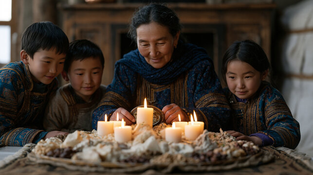 Mongolian family before a fully set Nowruz table photographed as a wide establishing shot, the spread filling the frame with symbolic items, candles lit, children leaning in from