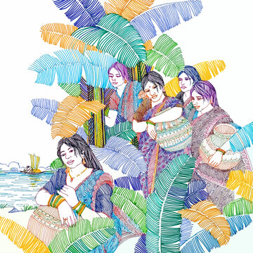 Traditional Bengali Women at the Riverbank with Clay Pots Illustration, Young bride