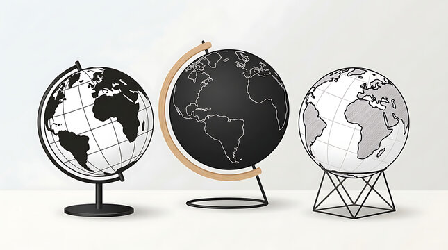 Three vintage globes on a wooden surface