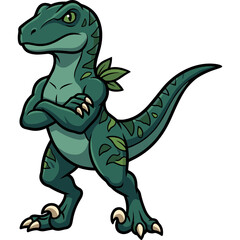 Fototapeta premium A cartoon dinosaur with green skin and leaves on its body stands confidently.